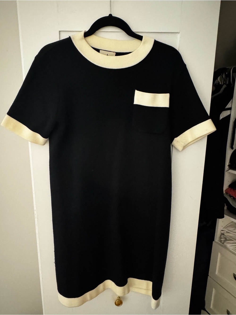 Black Knit Short-Sleeve Dress with Ivory Trim